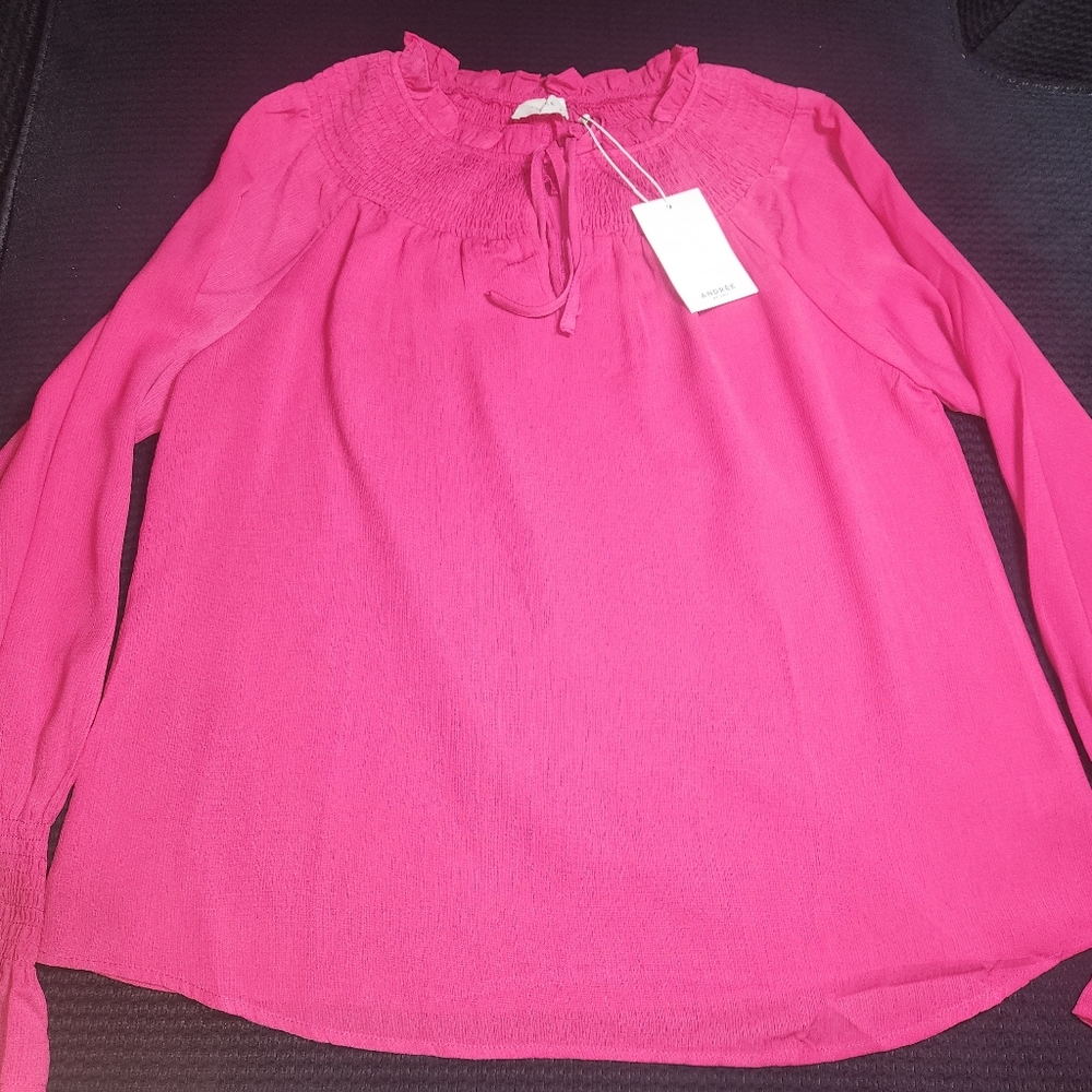 Andree Bright Pink Hot Pink Fuschia Long Sleeve Tie V-Neck Top Blouse Large NWT